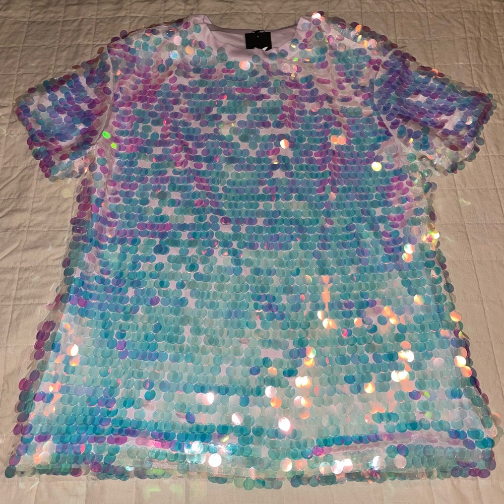 Pink Blue White Sequin T-shirt dress